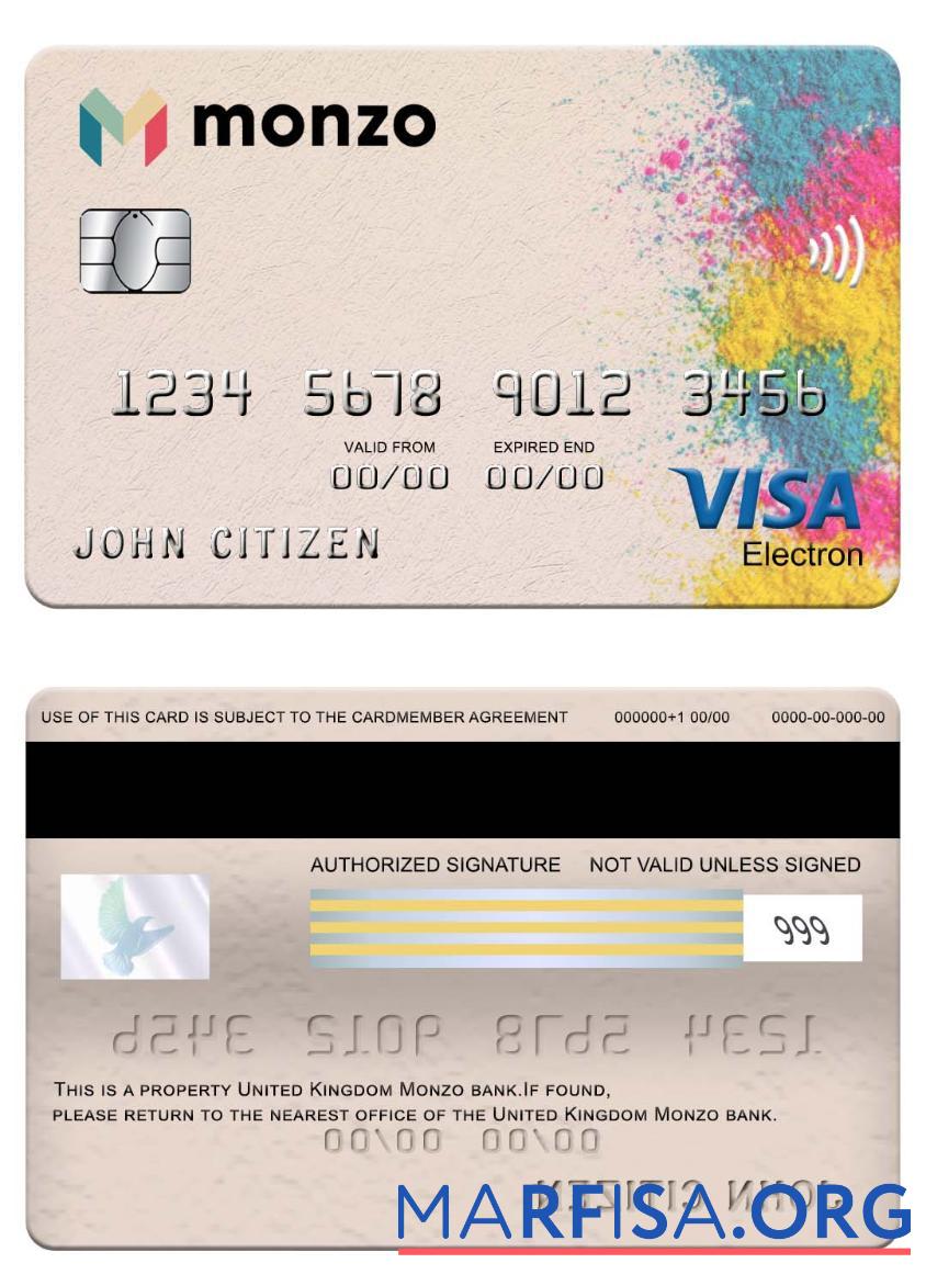 Printable United Kingdom Monzo bank visa electron card template